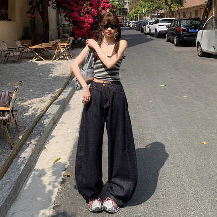 American Style dark blue Scimitar Wide Leg Jeans Women's 2025 Summer New High Waist Straight Loose Slimming Mop Pants