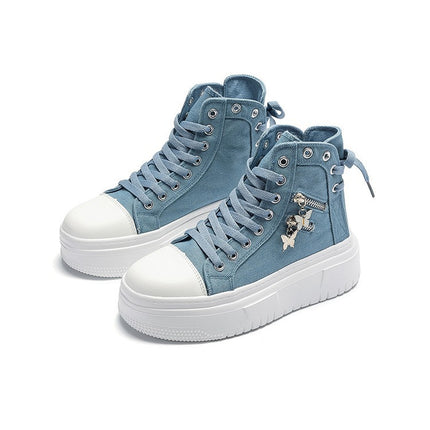Cross-Border Large Size Women's Shoes 2024 New Outdoor Versatile Butterfly Zipper Canvas Shoes Thick-Soled High-Top Heightening Sneakers for Women