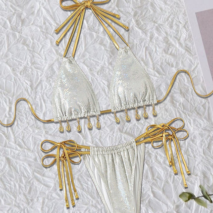 Cross-border Amazon Split Bronzing Swimsuit Neck Strap Shell Jewelry Pendant Women's Bikini Sexy Beach Suit