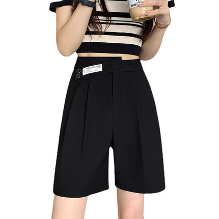 Ice Silk Suit Shorts Women's Summer Thin Five-quarter Pants Loose Wide-leg High-waisted Large Size Double-button Straight Slim Mid-pants