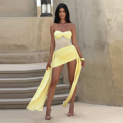 European and American Cross-Border Hot-Selling Women's Solid Color Strapless Mesh See-Through Splicing Ribbon Elegant Young Girl Sexy Short Dress