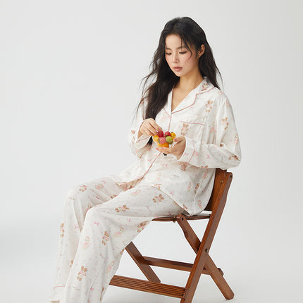 Bow Dog Cartoon Sweet Cute Wind Women's Pajamas Ice Silk Early Spring Comfortable Long Sleeve Home Clothes