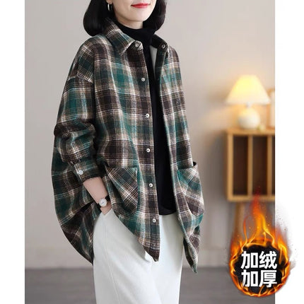 Vintage Plaid Coat Shirt Women's Loose Fashion Western Style Slim fleece-lined Thickened Scrub Lapel Cardigan Top