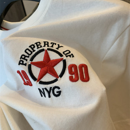 Us Orders! Brushed Long-Staple Cotton! Summer Men's Versatile Casual Short-Sleeve T-Shirt with Five-Pointed Star Embroidery, Breathable