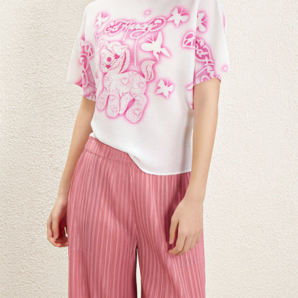 Designer Crewneck T-shirt Women's 2025 New Summer Pleated Cartoon Figure Printed Top Loose Thin T-shirt