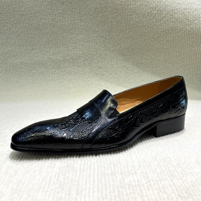 Shoes Men Original First-Layer Cowhide Men's Wedding Dress Shoes Elegant Tassel Slip-On Pointed Toe Loafers