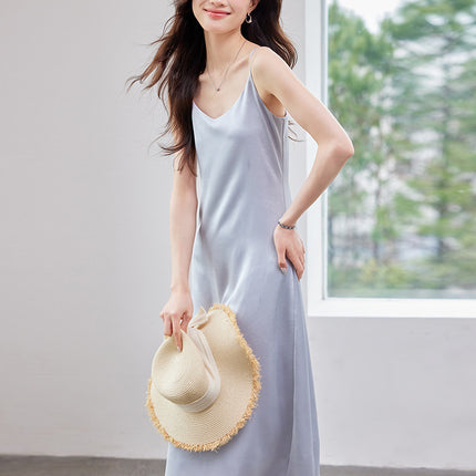 Silk Suspender Dress Women's Summer Texture Large Size Casual Skirt with Bottoming Slit Backless Long Skirt