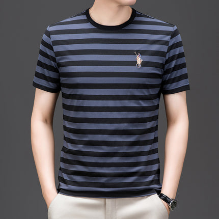Mingdi Mouse Men's Summer New Short-sleeved Young and Middle-aged Crewneck T-shirt Business All-match Striped Men's T-shirt Top