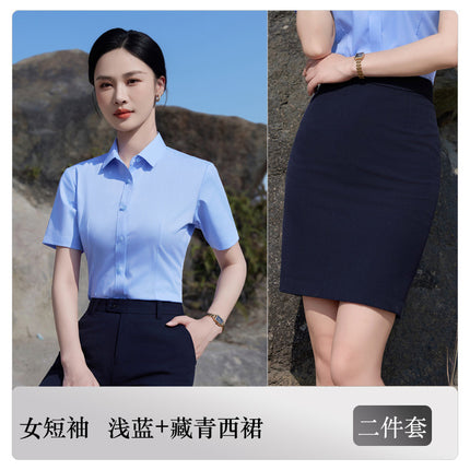 Blue Short-Sleeved Shirt for Women 4S Shop Work Clothes Professional Wear No-Iron Formal White Shirt Men and Women Same Style Business Workwear