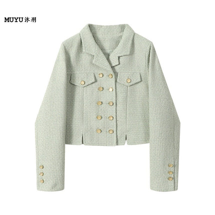 Mint Green Fresh Small Fragrance Style Woven Short Jacket for Women 2025 Spring and Autum New Double-Breasted Tweed Suit Trendy