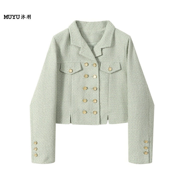 Mint Green Fresh Small Fragrance Style Woven Short Jacket for Women 2025 Spring and Autum New Double-Breasted Tweed Suit Trendy