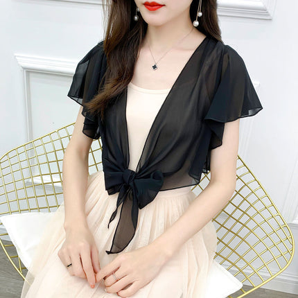 2025 Summer Sunscreen Clothing Chiffon Small Shawl Jacket Women's All-match Small Waistcoat Short Sleeve Thin Outer Short Cardigan