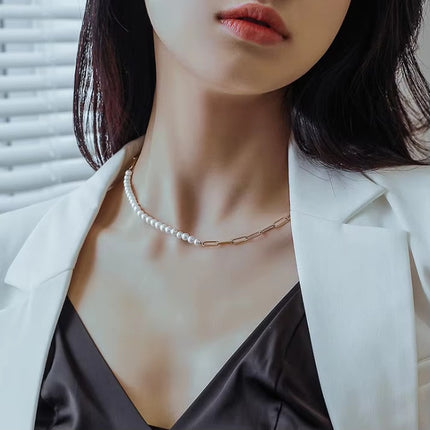 Simple cross chain stitching pearl necklace titanium steel electroplating 14K gold clavicle chain niche high-end accessories wholesale