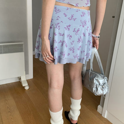 Dorothy Summer New Arrival South Korea Blogger Skirt Mesh Ear Edge Floral Patchwork Low-Waist Mini Skirt