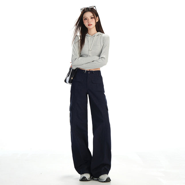 2026 Autumn American Retro Style Adjustable Waist Multi-Pocket Patchwork Design Loose Straight-Leg Casual Pants for Women