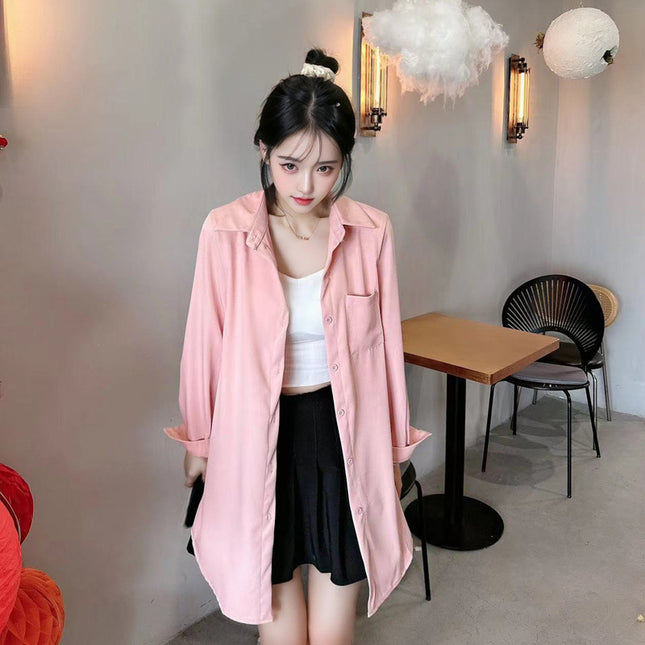 Solid Color Shirt Women's Mid-Length Western-style Shirt Design Sense Niche Front Short Back Long Chic Top Outer Thin Coat