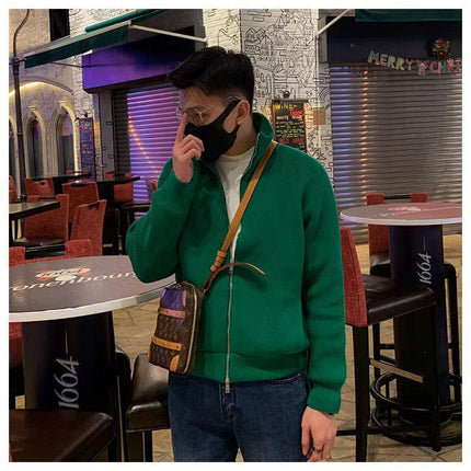 American Style High Street Loose Green Fashionable Zipper Collar Jacket Men's New Spring Knitted Sweater