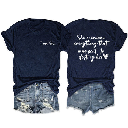 Amazon double-sided printed summer round neck short sleeve she overcame everthing loose all-match T-shirt