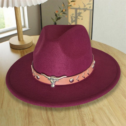 European and American Autumn and Winter Woolen Denim Jazz Felt Hat with Cow Head Label, Large Brim Fedora, Xizang Ethnic Style Outdoor Bucket Hat