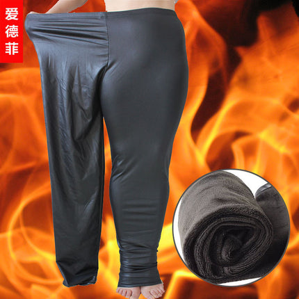 Edffy Winter fleece-lined Yiwu plus size Leather Pants Fashion Imitation Leather Warm Pants fleece-lined Thickened Leggings