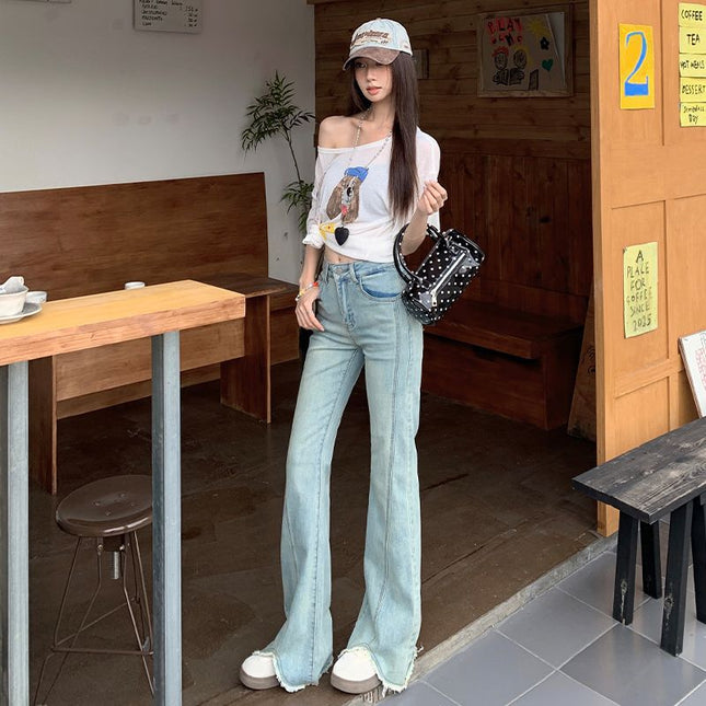 Light-Colored Split Hem Frayed Flared Jeans for Women, Spring New Plus-Size Slimming Pear-Shaped Body Flared Pants