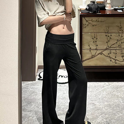 Unique Ra* Walking Foldable Waistband Knit Loose Flared Skirt Pants for Women Summer Drape Floor-Length Casual Trousers