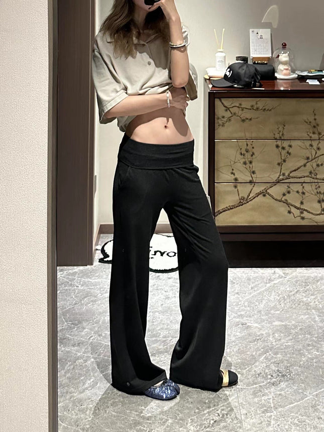 Unique Ra* Walking Foldable Waistband Knit Loose Flared Skirt Pants for Women Summer Drape Floor-Length Casual Trousers