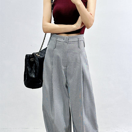 Fan-Favorite: New Spring/Summer Houndstooth Pants for Women, High-Waisted Wide-Leg Pants, Straight Loose Fit, Slimming Suit Pants