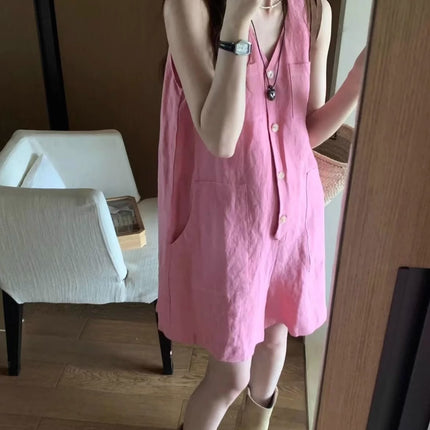 2025 Niche Summer New V Neck Pure Color Button Sleeveless Loose Casual Jumpsuit Shorts Women's Thin Trendy Ins Shorts