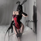 Red jumpsuit + lace garter stockings / M size 40-60kg