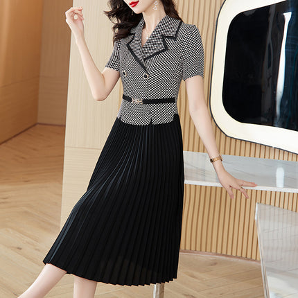 Miyake Pleated Dress 2026 Summer New Fashion Small Plaid Suit Collar Pleated Skirt Waist-Cinching Slimming Magic Dress