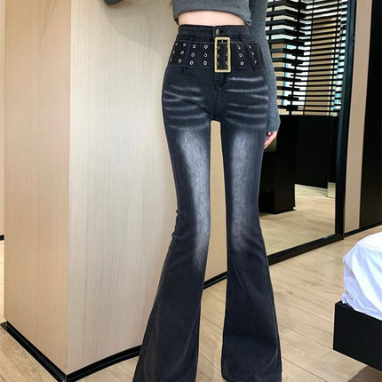 Vintage Gradient Flared Jeans for Women, Autumn Design, American Style, High-Waisted, Stretchy, Slim-Fit, Floor-Length Pants