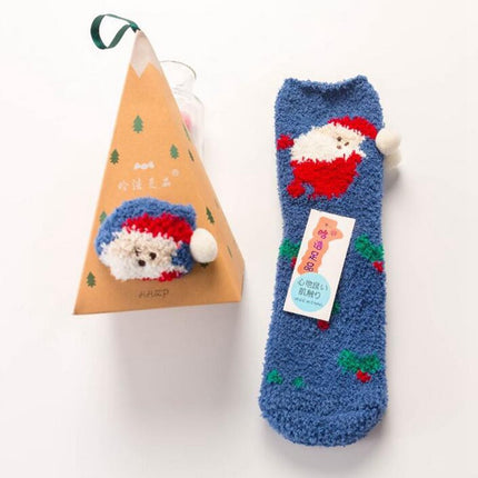 Coral Fleece Japanese-Style Christmas Socks with Embroidered 3D Cartoon Design, Boxed Floor Socks, Half Fleece Socks for Women