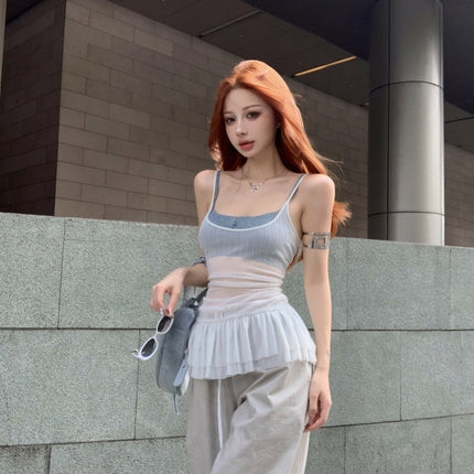 Ruffled Camisole for Women with Beautiful Pleated Back, Slimming and Sexy American-Style Top for Outer Wear