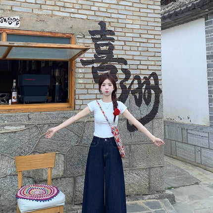Dark Blue Wide-Leg Jeans for Women, Summer New High-Waisted Slimming Loose Wide-Leg Drape Floor-Length Pants Trendy
