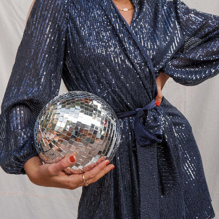 2025 New Sequin Mini Wrap Dress Women's V-Neck Long Sleeve Puff Sleeve Glitter Wrap Party Outfit