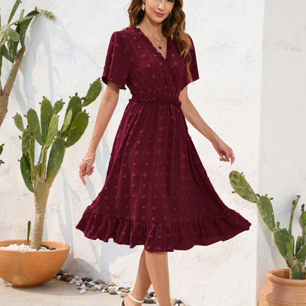 Amazon Cross-Border V-Neck High-Waist Strap Dress Fur Ball Short-Sleeved Dress Casual Vacation Travel Dress