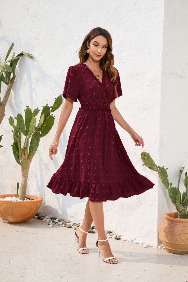 Amazon Cross-Border V-Neck High-Waist Strap Dress Fur Ball Short-Sleeved Dress Casual Vacation Travel Dress