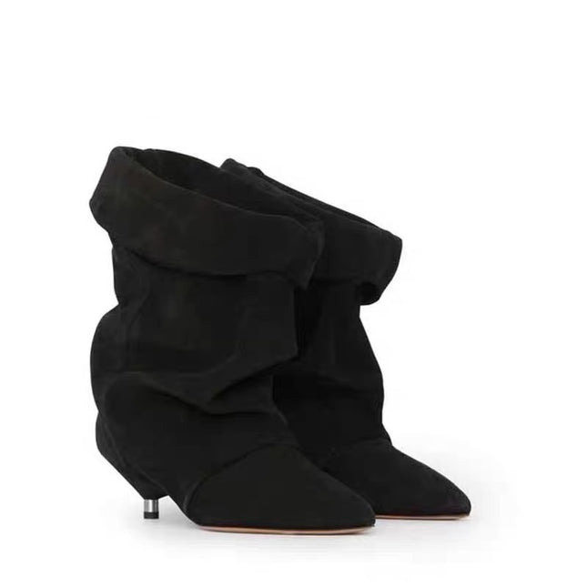 European and American New Style Kitten Heel Pointed Sleeve Pleated Suede Heap Boots Foreign Trade plus size Wide Cowboy Boots Women's Naked Boots