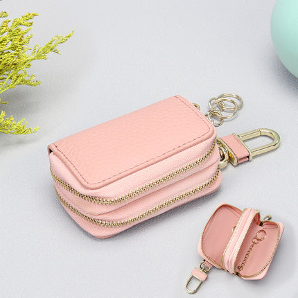Foreign trade leather key bag matte big Li grain double zipper first layer cowhide car key bag universal key bag