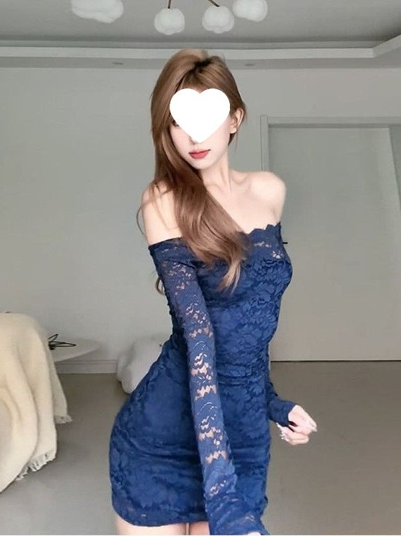 Korean Socialite One-Shoulder Lace Autumn and Winter Dress Women's New Autumn Slim Fit Slim Fit Hip Skirt