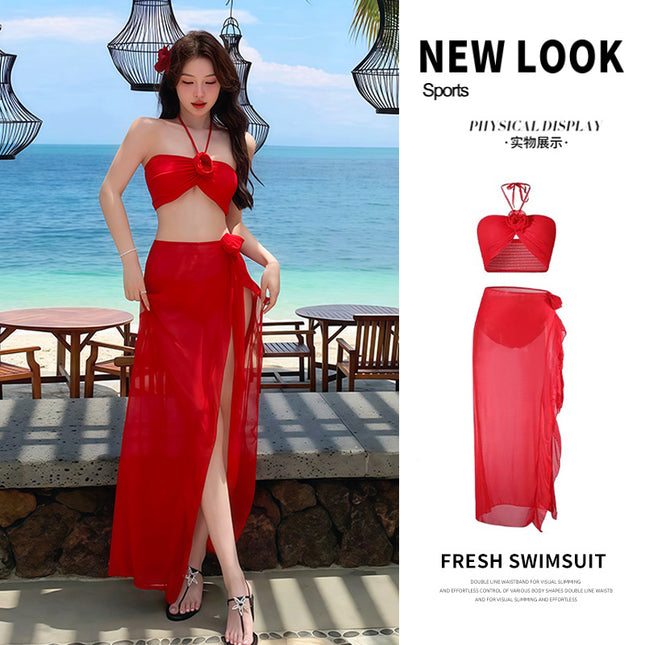 Big Red Neck Swimsuit Women's Sexy Split Bikini Three-Piece Set Skirt High-Level Small Chest Hot Spring Seaside