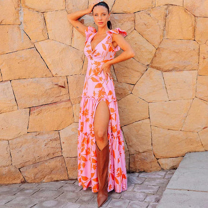 2024 European and American Swimwear New V-neck Ruffled Seaside Holiday Printed One-piece Swimsuit suit Women's Cross-border 25084