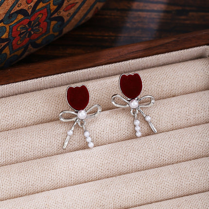 925 Silver New Wine Red Flocking Earrings Elegant Atmosphere Bow Rose New Year Spring Festival Chinese Style Earrings