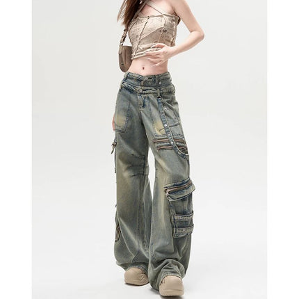 American Style Hot Girl Retro Heavy Industry Design Sense Heavy Industry Multi-Pocket Denim Overalls Women's Autumn and Winter Loose Mop Pants