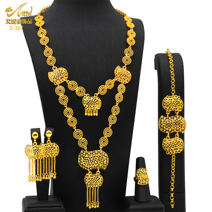 Gold-Plated Pendant Jewelry Set Bridal Wedding Jewelry Sand Gold Long Necklace Bracelet Ring Earrings Cross-Border Best-Selling Model