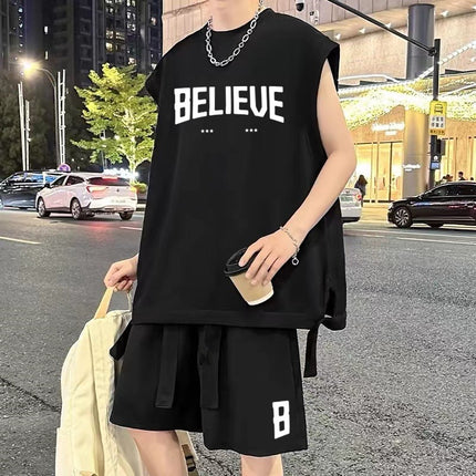 Summer New Trendy Loose-Fitting Large-Size Vest Set for Teenagers, Two-Piece Sports Set, Men's Sleeveless Vest, Casual