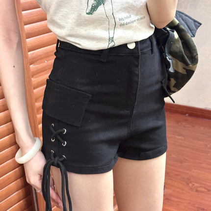 A988 # Black High-Waisted Slim Drawstring Work Jeans for Hot Girls with Hip-Hugging Hot Pants