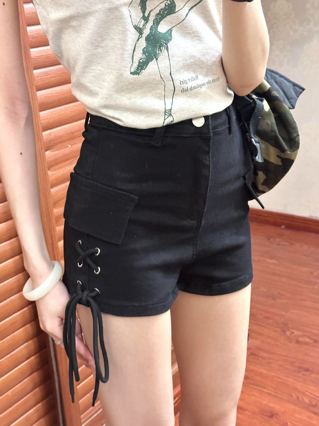 A988 # Black High-Waisted Slim Drawstring Work Jeans for Hot Girls with Hip-Hugging Hot Pants