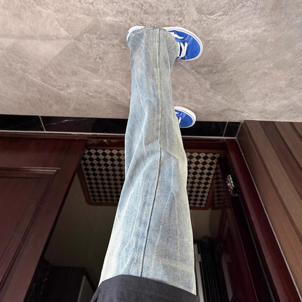 Ice Blue Lightning Pattern Jeans for Men, New Summer Style American-Style Slightly Flared Straight Pants, Cleanfit Trendy Brand Pants